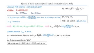 CASO 4:
φ𝑉
𝑠 = 6.4 ton ∴ 𝑉
𝑠.𝑟𝑒𝑞 = 6.4/0.85 = 7.53 ton 𝑆𝑟𝑒𝑞 =
𝐴𝑣 𝑓𝑦 𝑑
𝑉𝑠
=
2.13 x 4200 𝑥 74
7,530.00 = 88 cm
 ∅𝑉
𝑐 =(0.85) 0.53 280 (1+
157,700.00
140 (40 x 80)
(40 x 74) = 30,167.90 kg = 30.2 ton
 𝑉
𝑢 = 36.60 ton
φ 𝑉
𝑐 + φ𝑉
𝑠 ≥ 𝑉
𝑢
30.2 + φ𝑉
𝑠 ≥ 36.60 ∴ φ𝑉
𝑠 ≥ 6.4ton
Estribos mínimos. 𝑆𝑚á𝑥 = 30 cm.
Ejemplo de diseño Columna (Muros o Dual Tipo I 2009) (Muros 2019)
La cortante nominal del acero será: 𝑉
𝑠 =
𝐴𝑣 𝑓𝑦 𝑑
𝑆
=
2.13 x 4200 𝑥 74
30
= 22,066.8 kg = 22.07 ton
φ 𝑉
𝑛 = φ 𝑉
𝑐 + φ 𝑉
𝑠 = 30.2 + 0.85 x 22.07 = 48.96 ton
𝑷𝒖 = 157.7 ton. 𝑽𝒖 = 36.6 ton.
U=0.9CM - 3CS
∅𝑉
𝑐 =∅ 0.53 𝑓𝑐
′
(1+
𝑃𝑢
140 𝐴𝑔
)𝑏𝑤 d
La Resistencia de Diseño “φ 𝑉
𝑛”
DISEÑO POR CORTE – CAPACIDAD (2019)
 