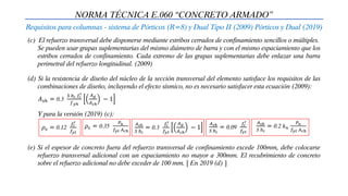NORMA TÉCNICA E.060 “CONCRETO ARMADO”
Requisitos para columnas - sistema de Pórticos (R=8) y Dual Tipo II (2009) Pórticos y Dual (2019)
(c) El refuerzo transversal debe disponerse mediante estribos cerrados de confinamiento sencillos o múltiples.
Se pueden usar grapas suplementarias del mismo diámetro de barra y con el mismo espaciamiento que los
estribos cerrados de confinamiento. Cada extremo de las grapas suplementarias debe enlazar una barra
perimetral del refuerzo longitudinal. (2009)
(d) Si la resistencia de diseño del núcleo de la sección transversal del elemento satisface los requisitos de las
combinaciones de diseño, incluyendo el efecto sísmico, no es necesario satisfacer esta ecuación (2009):
𝐴𝑠ℎ = 0.3
𝑆 𝑏𝑐 𝑓𝑐
′
𝑓𝑦ℎ
𝐴𝑔
𝐴𝑐ℎ
− 1
Y para la versión (2019) (c):
𝜌𝑠 = 0.12
𝑓𝑐
′
𝑓𝑦𝑡
𝜌𝑠 = 0.35
𝑃𝑢
𝑓𝑦𝑡 𝐴𝑐ℎ
𝐴𝑠ℎ
𝑆 𝑏𝑐
= 0.3
𝑓𝑐
′
𝑓𝑦𝑡
𝐴𝑔
𝐴𝑐ℎ
− 1
𝐴𝑠ℎ
𝑆 𝑏𝑐
= 0.09
𝑓𝑐
′
𝑓𝑦𝑡
𝐴𝑠ℎ
𝑆 𝑏𝑐
= 0.2 𝑘𝑛
𝑃𝑢
𝑓𝑦𝑡 𝐴𝑐ℎ
(e) Si el espesor de concreto fuera del refuerzo transversal de confinamiento excede 100mm, debe colocarse
refuerzo transversal adicional con un espaciamiento no mayor a 300mm. El recubrimiento de concreto
sobre el refuerzo adicional no debe exceder de 100 mm. [ En 2019 (d) ]
 