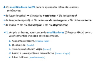 4. Os modificadores do GV podem apresentar diferentes valores
semânticos:
 de lugar (locativo)  Ele nasceu nesta casa. / Ele nasceu aqui.
 de tempo (temporal)  Ele deitou-se de madrugada. / Ele deitou-se tarde.
 de modo  Ele riu com alegria. / Ele riu alegremente.

4.1. Amplia as frases, acrescentando modificadores (GPrep ou GAdv) com o
valor semântico indicado entre parênteses.
a. As plantas crescem. [modo e lugar]
b. O João ri-se. [modo]
c. Os meus avós foram viajar. [tempo]
d. Assisti a um espetáculo maravilhoso. [tempo e lugar]
e. A Lua brilhava. [modo e tempo]

 