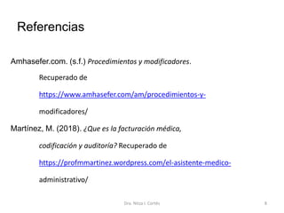 Referencias
Amhasefer.com. (s.f.) Procedimientos y modificadores.
Recuperado de
https://www.amhasefer.com/am/procedimientos-y-
modificadores/
Martínez, M. (2018). ¿Que es la facturación médica,
codificación y auditoría? Recuperado de
https://profmmartinez.wordpress.com/el-asistente-medico-
administrativo/
Dra. Nitza I. Cortés 8
 