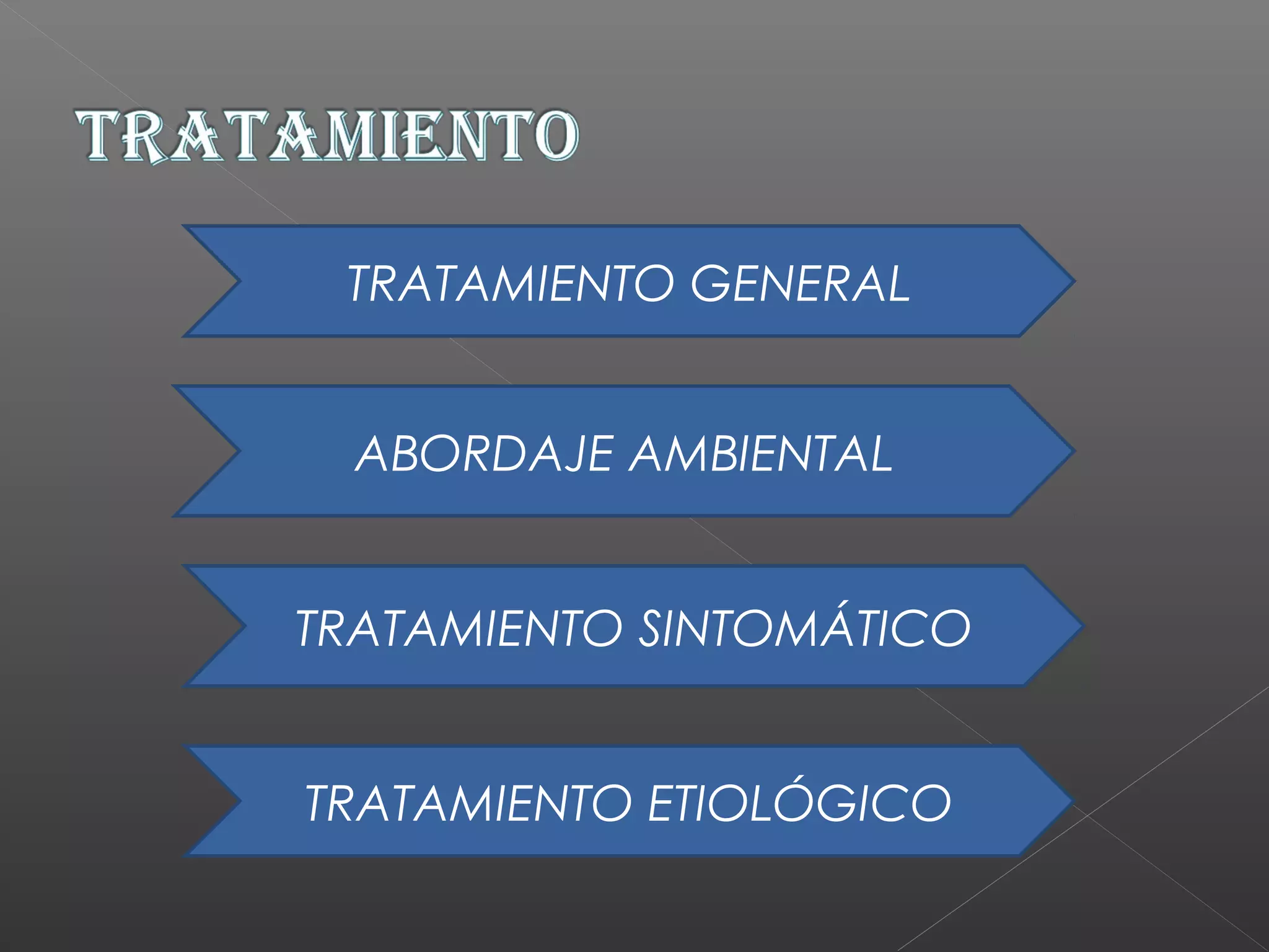 TRATAMIENTO GENERAL
TRATAMIENTO SINTOMÁTICO
TRATAMIENTO ETIOLÓGICO
ABORDAJE AMBIENTAL
 