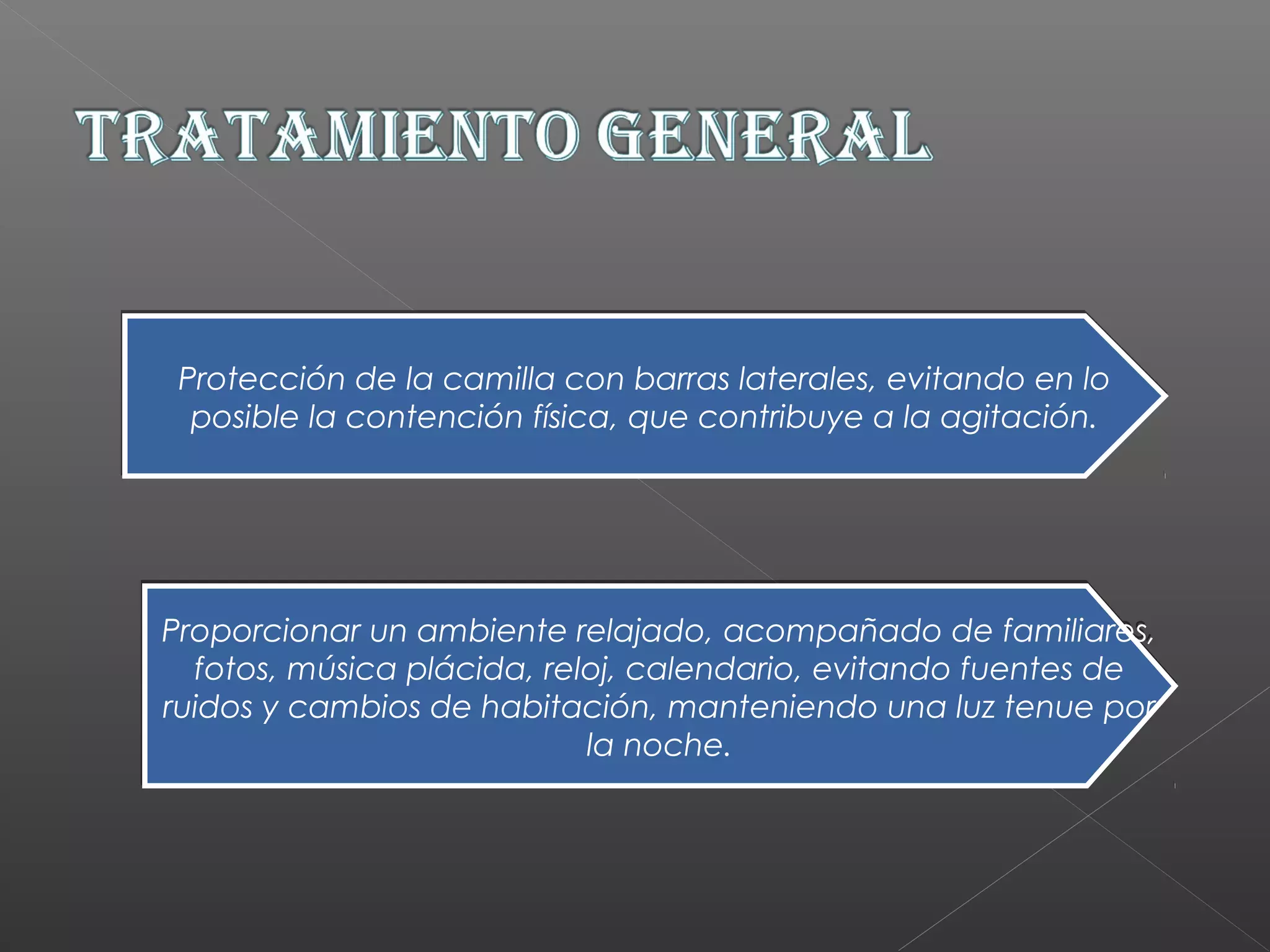 Protección de la camilla con barras laterales, evitando en lo
posible la contención física, que contribuye a la agitación.
Protección de la camilla con barras laterales, evitando en lo
posible la contención física, que contribuye a la agitación.
Proporcionar un ambiente relajado, acompañado de familiares,
fotos, música plácida, reloj, calendario, evitando fuentes de
ruidos y cambios de habitación, manteniendo una luz tenue por
la noche.
Proporcionar un ambiente relajado, acompañado de familiares,
fotos, música plácida, reloj, calendario, evitando fuentes de
ruidos y cambios de habitación, manteniendo una luz tenue por
la noche.
 