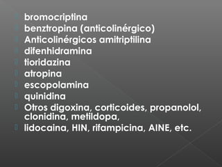  bromocriptina
 benztropina (anticolinérgico)
 Anticolinérgicos amitriptilina
 difenhidramina
 tioridazina
 atropina
 escopolamina
 quinidina
 Otros digoxina, corticoides, propanolol,
clonidina, metildopa,
 lidocaina, HIN, rifampicina, AINE, etc.
 