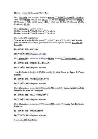 22:15h – sentido Sai T. Aterro/ T. Velha.
14.c) Alteração dos seguintes horários, sentido T. Velha/T. Aterro/T. Fortaleza:
08:05h para 08:10h, 09:00h para 08:45h, 09:30h para 09:20h, 10:00h para 09:55h e
11:00h para 11:05h, 13:55h para 14:10h, 14:30h para 14:45h, 15:30h para 15:20h,
16:00h para 15:55h.
14.d) Excluisão do seguinte horário:
08:30h – sentido T. Velha/T. Aterro/T. Fortaleza.
15:00h – sentido T. Velha/T. Aterro/T. Fortaleza.
14.e) Linha: 300 Interbairros
No atual horário das 06:35h, sentido: T. Velha/ T. Aterro/ T. Fortaleza alteração de
parte do roteiro desta viagem, passando a ser feita da seguinte maneira: T. Velha até
T. Aterro.
15 – LINHA 302 – RISTOW
PROVIDÊNCIAS: (Segunda a Sexta)
15.a) Alteração do horário de 16:43h para 16:45h, sentido T. Velha/ Ristow/ T. Velha.
16 – LINHA 401 – EMILIO TALLMANN
PROVIDÊNCIAS: (Segunda a Sexta)
16.a) Exclusão do horário de 07:18h, sentido Terminal Fonte até Pedro II (Nereu
Ramos).
17 – LINHA 408 – ANDRÉ NICOLETTI
PROVIDÊNCIAS: (Segunda a Sexta)
17.a) Alteração do horário de 22:50h para 22:52h, sentido T. Garcia /André Nicoletti/
Leopoldo Heringer até Guarapari.
18 – LINHA 421 – BELO HORIZONTE
PROVIDÊNCIAS: (Segunda a Sexta)
18.a) Alteração do horário de 22:46h para 22:50h, sentido T. Garcia/ Belo Horizonte/
T. Garcia.
19 – LINHA 501 – BOM RETIRO
PROVIDÊNCIAS: (Segunda a Sexta)
19.a) Linha: 501 Bom Retiro
 