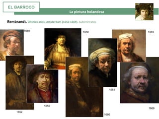  La pintura holandesa
Rembrandt. Últimos años. Amsterdam (1650-1669). Autorretratos
1650
1660
1661
1658 1663
1669
1652
1655
EL BARROCO
 