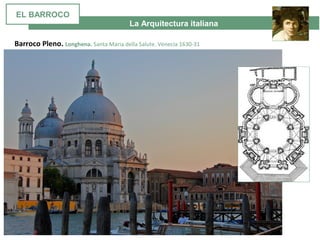 La Arquitectura italiana
Barroco Pleno. Longhena. Santa Maria della Salute. Venecia 1630-31
EL BARROCO
 