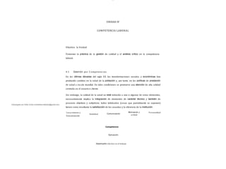 Descargado por Sofia Cortez (marbellazuritalopez@gmail.com)
lOMoAR cPSD| 13087303
UNIDAD IV
COMPETENCIA LABORAL
Objetivo la Unidad
Fomentar la práctica de la gestión de calidad y el análisis crítico en la competencia
laboral.
4.1 Gestión por C ompetenc ias
En las últimas décadas del siglo XX las transformaciones sociales y económicas han
producido cambios en la salud de la población y, por tanto, en las políticas de prestación
de salud a escala mundial. En tales condiciones se promueve una atención de alta calidad
centrada en el usuario o cliente.
Sin embargo, la calidad de la salud no está reducida a uno o algunos de estos elementos,
necesariamente implica la integración de elementos de carácter técnico y también de
procesos objetivos y subjetivos; todos imbricados (cosas que parcialmente se suponen)
tienen como resultante la satisfacción de los usuarios y la eficiencia de la institución.
Conocimiento y
Entendimiento
Motivación y
actitud
Personalidad
Comunicación
Habilidad
Competencia
Aplicación
Desempeño efectivo en el trabajo
 