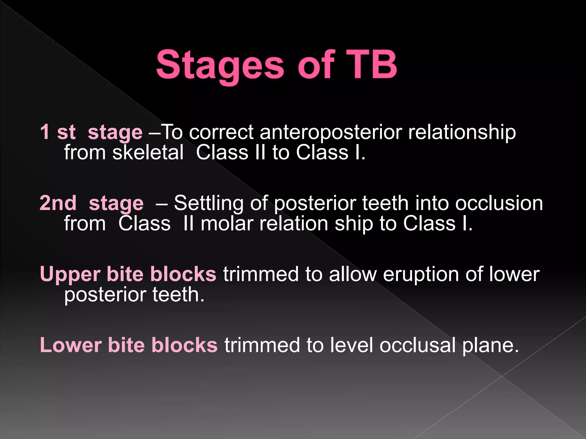1 st stage –To correct anteroposterior relationship
from skeletal Class II to Class I.
2nd stage – Settling of posterior teeth into occlusion
from Class II molar relation ship to Class I.
Upper bite blocks trimmed to allow eruption of lower
posterior teeth.
Lower bite blocks trimmed to level occlusal plane.
 