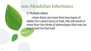 non-Mendelian Inheritance
3. Multiple alleles
-when there are more than two types of
alleles for a given locus or trait, this will result in
more than two kinds of phenotypes that may be
expressed for that trait.
13
 