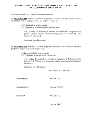 MODIFICATIONS DE DÉLIBÉRATIONS PRISES POUR L’APPLICATION
DE L’ACCORD DU 8 DÉCEMBRE 1961
Les délibérations 13B et 17B sont ...