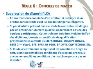 10
RÈGLE 6 : OFFICIELS DE MATCH
• Suppression du dispositif LCA
– En cas d’absence inopinée d’un arbitre : si présence d’un
arbitre dans le stade c’est lui qui doit diriger la rencontre.
– Si pas d’arbitre présent dans le stade la rencontre est dirigée
par un entraîneur, dûment qualifié, appartenant à l’une des
équipes participantes. Cet entraîneur doit être titulaire de l’un
des diplômes, brevets ou certificats de qualification
professionnelle suivants : DEJEPS RUGBY, DESJEPS RUGBY, BEES
2ème degré, BFE, BFEJ, BF PERF, BF OPTI, CQP TECHNICIEN.
– Si les deux entraîneurs remplissent les conditions : tirage au
sort, si un seul remplit les conditions c’est lui qui arbitre, si
aucun ne remplit les conditions : le match ne pourra pas se
disputer.
 