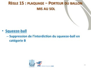 15
• Squeeze-ball
– Suppression de l’interdiction du squeeze-ball en
catégorie B
RÈGLE 15 : PLAQUAGE – PORTEUR DU BALLON
MIS AU SOL
 
