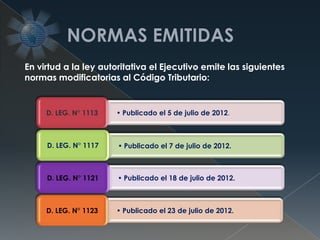 • Publicado el 5 de julio de 2012.D. LEG. N° 1113
• Publicado el 7 de julio de 2012.D. LEG. N° 1117
• Publicado el 18 de julio de 2012.D. LEG. N° 1121
• Publicado el 23 de julio de 2012.D. LEG. N° 1123
En virtud a la ley autoritativa el Ejecutivo emite las siguientes
normas modificatorias al Código Tributario:
 