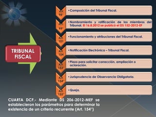 TRIBUNAL
FISCAL
Art.
98°
•Composición del Tribunal Fiscal.
Art.
99°
•Nombramiento y ratificación de los miembros del
Tribunal. El 16.8.2012 se publicó el DS 152-2012-EF
Art.
101
•Funcionamiento y atribuciones del Tribunal Fiscal.
Art.
104
•Notificación Electrónica – Tribunal Fiscal.
Art.
153°
•Plazo para solicitar corrección, ampliación o
aclaración.
Art.
154°
•Jurisprudencia de Observancia Obligatoria.
Art.
155°
•Queja.
CUARTA DCF.- Mediante DS 206-2012-MEF se
establecieron los parámetros para determinar la
existencia de un criterio recurrente (Art. 154°)
 