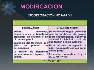 PROBLEMÁTICA
Existen incentivos,
exoneraciones, o beneficios
otorgados sin sustento y sin
plazo de vigencia.
Sentencia del TC indica que
estos no pueden ser
permanentes.
La dación de beneficios
genera menores ingresos al
Estado.
SITUACIÓN ACTUAL
Se establece reglas generales
para la aprobación de normas
sobre exoneraciones, incentivos
o beneficios tributarios, a fin de
que tengan debido sustento.
Plazo máximo de vigencia: 3
años, prorrogable una vez por el
mismo plazo.
Excepción: Apéndice I y II
LIGV, Art. 19° LIR.
D. LEG. N° 1117
INCORPORACIÓN NORMA VII
 