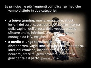 Le principali e più frequenti complicanze mediche
vanno distinte in due categorie:
• a breve termine: morte, emorragie, shock,
lesioni dei corpi cavernosi o della parte interna
della vagina, dell’uretra, della vescica e dello
sfintere anale, infezioni, setticemia, tetano,
contagio da HIV, epatite;
• a medio e lungo termine: cisti e ascessi,
dismenorrea, vaginismo, dispareunia, impotenza,
infezioni croniche, incontinenza urinaria,
neuromi, sterilità, gravi problemi durante la
gravidanza e il parto. (Avenia F. , 2016)
 