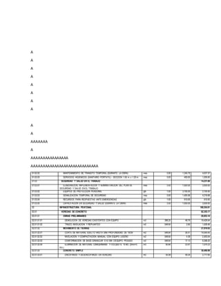 A
A
A
A
A
A
A
A
A
A
AAAAAAA
A
AAAAAAAAAAAAAAAA
AAAAAAAAAAAAAAAAAAAAAAAAAAAAA
01.02.02 MANTENIMIENTO DE TRANSITO TEMPORAL (DURANTE LA OBRA) mes 3.00 1,345.79 4,037.37
01.02.03 SERVICIOS HIGIENICOS (SANITARIO PORTÁTIL) - SECCIÓN 1.50 m. x 1.20 m. mes 3.00 400.00 1,200.00
01.03 SEGURIDAD Y SALUD EN EL TRABAJO 14,231.68
01.03.01 ELABORACION, IMPLEMENTACION Y ADMINISTRACION DEL PLAN DE
SEGURIDAD Y SALUD EN EL TRABAJO
mes 3.00 1,000.00 3,000.00
01.03.02 EQUIPOS DE PROTECCION PERSONAL glb 1.00 3,105.00 3,105.00
01.03.03 SEÑALIZACION TEMPORAL DE SEGURIDAD mes 3.00 1,405.56 4,216.68
01.03.04 RECURSOS PARA RESPUESTAS ANTE EMERGENCIAS glb 1.00 910.00 910.00
01.03.05 CAPACITACION EN SEGURIDAD Y SALUD (DURANTE LA OBRA) mes 3.00 1,000.00 3,000.00
02 INFRAESTRUCTURA PEATONAL 169,554.81
02.01 VEREDAS DE CONCRETO 82,355.17
02.01.01 OBRAS PRELIMINARES 20,853.10
02.01.01.01 DEMOLICION DE VEREDAS EXISTENTES CON EQUIPO m3 398.25 48.78 19,426.64
02.01.01.02 TRAZO, NIVELACION Y REPLANTEO m2 548.64 2.60 1,426.46
02.01.02 MOVIMIENTO DE TIERRAS 27,919.92
02.01.02.01 CORTE DE MATERIAL SUELTO HASTA UNA PROFUNDIDAD DE 10CM m2 548.64 26.51 14,544.45
02.01.02.02 NIVELACION Y COMPACTACION MANUAL CON EQUIPO LIGERO m2 548.64 4.38 2,403.04
02.01.02.03 CONFORMACION DE BASE GRANULAR E=0.10M C/EQUIPO PESADO m2 548.64 17.13 9,398.20
02.01.02.04 ELIMINACION DE MATERIAL C/MAQUINARIA Y VOLQUETE 15 M3. (Dmin>3
Km.)
m3 65.84 23.91 1,574.23
02.01.03 CONCRETO SIMPLE 30,488.98
02.01.03.01 ENCOFRADO Y DESENCOFRADO EN VEREDAS m2 55.08 49.34 2,717.65
 