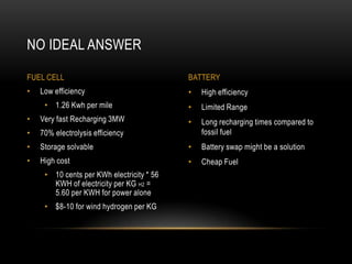 NO IDEAL ANSWER

FUEL CELL                                  BATTERY
•   Low efficiency                         •   High efficiency
     • 1.26 Kwh per mile                   •   Limited Range
•   Very fast Recharging 3MW               •   Long recharging times compared to
•   70% electrolysis efficiency                fossil fuel
•   Storage solvable                       •   Battery swap might be a solution
•   High cost                              •   Cheap Fuel
     • 10 cents per KWh electricity * 56
       KWH of electricity per KG H2 =
       5.60 per KWH for power alone
     • $8-10 for wind hydrogen per KG
 