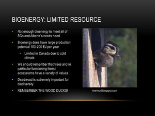 BIOENERGY: LIMITED RESOURCE
•   Not enough bioenergy to meet all of
    BCs and Alberta‟s needs need
•   Bioenergy does have large production
    potential 100-200 EJ per year
     • Limited in Canada due to cold
       climate
•   We should remember that trees and in
    particular functioning forest
    ecosystems have a variety of values
•   Deadwood is extremely important for
    biodiversity
•   REMBEMBER THE WOOD DUCKS!              rivermud.blogspot.com
 