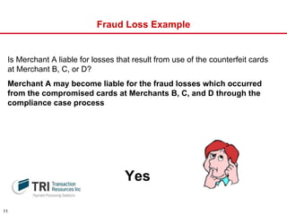 Fraud Loss Example Is Merchant A liable for losses that result from use of the counterfeit cards at Merchant B, C, or D?  Merchant A may become liable for the fraud losses which occurred from the compromised cards at Merchants B, C, and D through the compliance case process Yes 