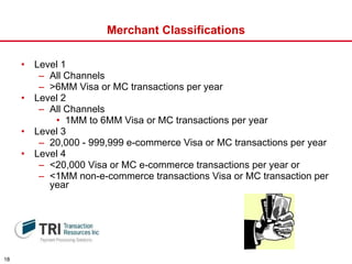 Merchant Classifications Level 1 All Channels >6MM Visa or MC transactions per year Level 2 All Channels 1MM to 6MM Visa or MC transactions per year Level 3 20,000 - 999,999 e-commerce Visa or MC transactions per year Level 4 <20,000 Visa or MC e-commerce transactions per year or <1MM non-e-commerce transactions Visa or MC transaction per year 