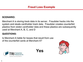 Fraud Loss Example SCENARIO: Merchant A is storing track data in its server.  Fraudster hacks into the system and steals cardholder track data.  Fraudster creates counterfeit plastics from stolen cardholder data and these plastics are subsequently used at Merchant A, B, C, and D QUESTIONS: Is Merchant A liable for losses that result from use  of the counterfeit cards at Merchant A? Yes 