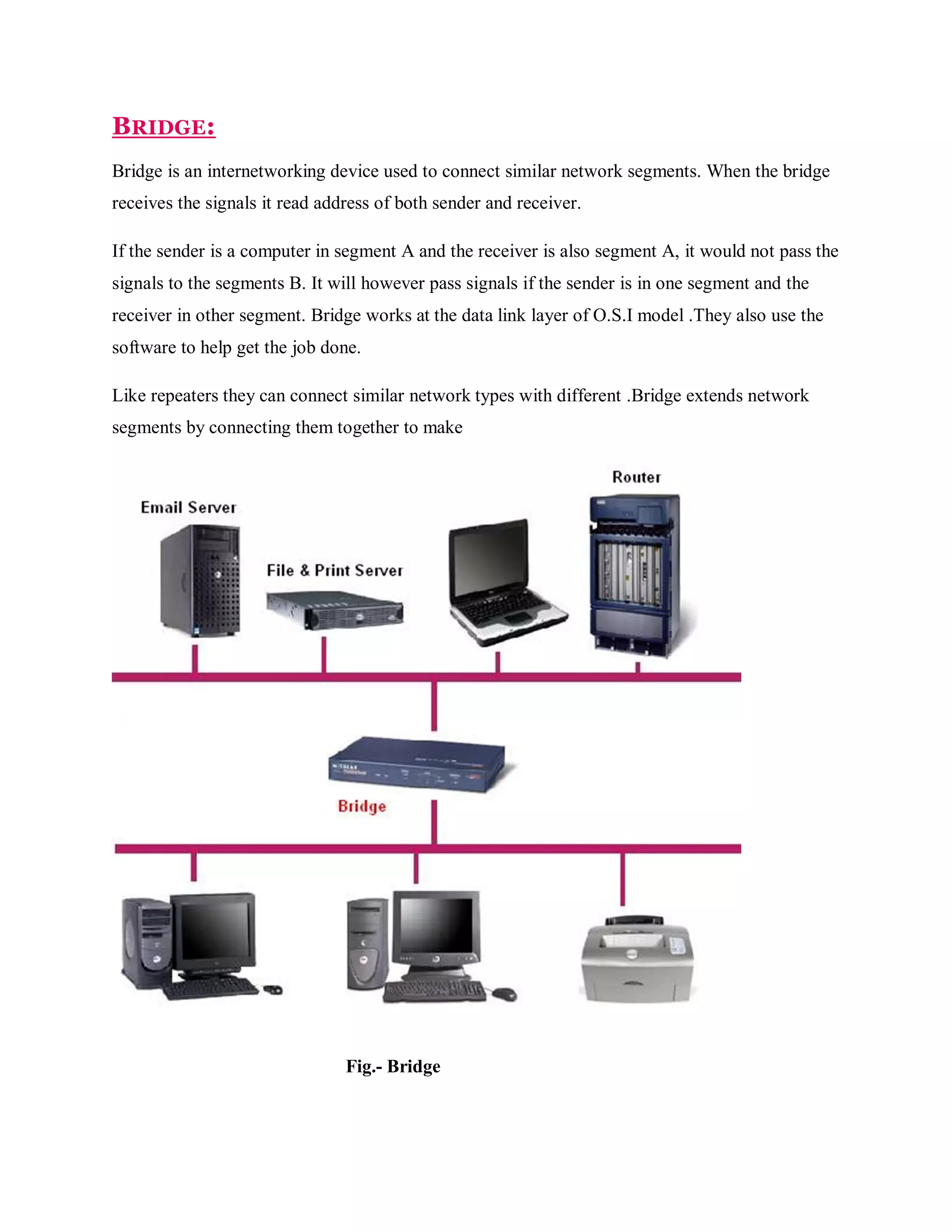BRIDGE:
Bridge is an internetworking device used to connect similar network segments. When the bridge
receives the signals it read address of both sender and receiver.
If the sender is a computer in segment A and the receiver is also segment A, it would not pass the
signals to the segments B. It will however pass signals if the sender is in one segment and the
receiver in other segment. Bridge works at the data link layer of O.S.I model .They also use the
software to help get the job done.
Like repeaters they can connect similar network types with different .Bridge extends network
segments by connecting them together to make

Fig.- Bridge

 