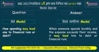 : -
Question Answer
How spending may lead
one to financial ruin or
debt?
When someone spends lavishly and
the expense exceeds their income,
it may lead him to debt or
financial ruin,
Modal Modal
 