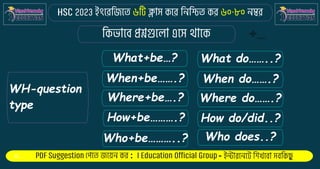 : -
WH-question
type
What+be…?
When+be…….?
Where+be….?
How+be……….?
Who+be………..?
What do……..?
When do…….?
Where do…….?
How do/did..?
Who does..?
 