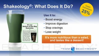 Shakeology®:   What Does It Do?
                  Use it to:
                  • Boost energy
                  • Improve digestion
                  • Stop cravings
                  • Lose weight
                   It’s more nutritious than a salad,
                        and tastes like a dessert!
 