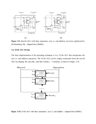 (a) (b)
Figure 3.9. One-bit ALU with three operations: and, or, and addition: (a) Least significant bit,
(b) Remaining bits - adapted from [Maf01].
3.4. 32-bit ALU Design
The final implementation of the preceding technique is in a 32-bit ALU that incorporates the
and, or, and addition operations. The 32-bit ALU can be simply constructed from the one-bit
ALU by chaining the carry bits, such that CarryIni+1 = CarryOuti, as shown in Figure 3.10.
Figure 3.10. 32-bit ALU with three operations: and, or, and addition - adapted from [Maf01].
 