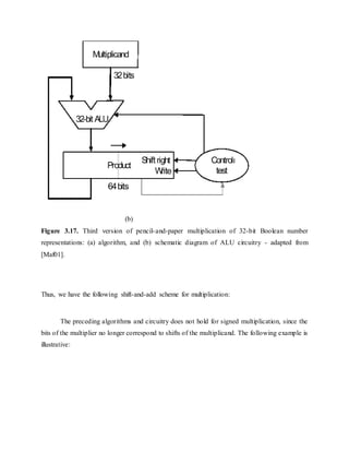 (b)
Figure 3.17. Third version of pencil-and-paper multiplication of 32-bit Boolean number
representations: (a) algorithm, and (b) schematic diagram of ALU circuitry - adapted from
[Maf01].
Thus, we have the following shift-and-add scheme for multiplication:
The preceding algorithms and circuitry does not hold for signed multiplication, since the
bits of the multiplier no longer correspond to shifts of the multiplicand. The following example is
illustrative:
 