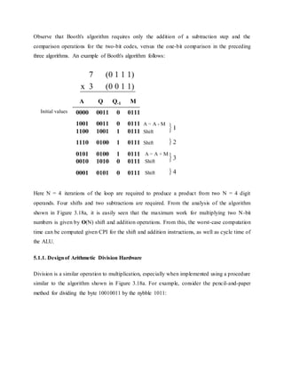 Observe that Booth's algorithm requires only the addition of a subtraction step and the
comparison operations for the two-bit codes, versus the one-bit comparison in the preceding
three algorithms. An example of Booth's algorithm follows:
Here N = 4 iterations of the loop are required to produce a product from two N = 4 digit
operands. Four shifts and two subtractions are required. From the analysis of the algorithm
shown in Figure 3.18a, it is easily seen that the maximum work for multiplying two N-bit
numbers is given by O(N) shift and addition operations. From this, the worst-case computation
time can be computed given CPI for the shift and addition instructions, as well as cycle time of
the ALU.
5.1.1. Designof Arithmetic Division Hardware
Division is a similar operation to multiplication, especially when implemented using a procedure
similar to the algorithm shown in Figure 3.18a. For example, consider the pencil-and-paper
method for dividing the byte 10010011 by the nybble 1011:
 