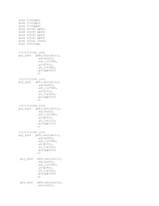 wire [7:0]pp2;
wire [7:0]pp3;
wire [7:0]pp4;
wire [15:0] ppf1;
wire [15:0] ppf2;
wire [15:0] ppf3;
wire [15:0] ppf4;
wire [15:0] const;
wire [3:0]neg;
////////i=0; j=0;
pij_out2 p00(.x2i1(x[1]),
.x2i(x[0]),
.x2i_1(1'b0),
.yi(y[0]),
.yi_1(1'b0),
.pij(pp1[0])
);
////////i=0; j=1;
pij_out2 p01(.x2i1(x[1]),
.x2i(x[0]),
.x2i_1(1'b0),
.yi(y[1]),
.yi_1(y[0]),
.pij(pp1[1])
);
////////i=0; j=2;
pij_out2 p02(.x2i1(x[1]),
.x2i(x[0]),
.x2i_1(1'b0),
.yi(y[2]),
.yi_1(y[1]),
.pij(pp1[2])
);
////////i=0; j=3;
pij_out2 p03(.x2i1(x[1]),
.x2i(x[0]),
.x2i_1(1'b0),
.yi(y[3]),
.yi_1(y[2]),
.pij(pp1[3])
);
pij_out2 p04(.x2i1(x[1]),
.x2i(x[0]),
.x2i_1(1'b0),
.yi(y[4]),
.yi_1(y[3]),
.pij(pp1[4])
);
pij_out2 p05(.x2i1(x[1]),
.x2i(x[0]),
 