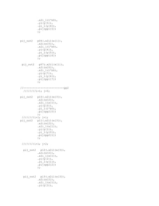 .x2i_1(1'b0),
.yi(y[5]),
.yi_1(y[4]),
.pij(pp1[5])
);
pij_out2 p06(.x2i1(x[1]),
.x2i(x[0]),
.x2i_1(1'b0),
.yi(y[6]),
.yi_1(y[5]),
.pij(pp1[6])
);
pij_out2 p07(.x2i1(x[1]),
.x2i(x[0]),
.x2i_1(1'b0),
.yi(y[7]),
.yi_1(y[6]),
.pij(pp1[7])
);
//--------------------------pp2
////////i=1; j=0;
pij_out2 p10(.x2i1(x[3]),
.x2i(x[2]),
.x2i_1(x[1]),
.yi(y[0]),
.yi_1(1'b0),
.pij(pp2[0])
);
////////i=1; j=1;
pij_out2 p11(.x2i1(x[3]),
.x2i(x[2]),
.x2i_1(x[1]),
.yi(y[1]),
.yi_1(y[0]),
.pij(pp2[1])
);
////////i=1; j=2;
pij_out2 p12(.x2i1(x[3]),
.x2i(x[2]),
.x2i_1(x[1]),
.yi(y[2]),
.yi_1(y[1]),
.pij(pp2[2])
);
pij_out2 p13(.x2i1(x[3]),
.x2i(x[2]),
.x2i_1(x[1]),
.yi(y[3]),
 