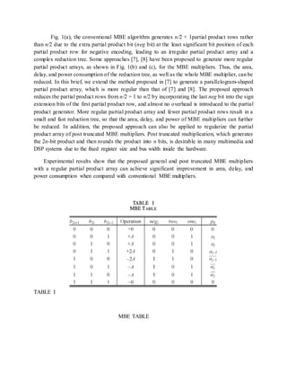 Fig. 1(a), the conventional MBE algorithm generates n/2 + 1partial product rows rather
than n/2 due to the extra partial product bit (neg bit) at the least significant bit position of each
partial product row for negative encoding, leading to an irregular partial product array and a
complex reduction tree. Some approaches [7], [8] have been proposed to generate more regular
partial product arrays, as shown in Fig. 1(b) and (c), for the MBE multipliers. Thus, the area,
delay, and power consumption of the reduction tree, as well as the whole MBE multiplier, can be
reduced. In this brief, we extend the method proposed in [7] to generate a parallelogram-shaped
partial product array, which is more regular than that of [7] and [8]. The proposed approach
reduces the partial product rows from n/2 + 1 to n/2 by incorporating the last neg bit into the sign
extension bits of the first partial product row, and almost no overhead is introduced to the partial
product generator. More regular partial product array and fewer partial product rows result in a
small and fast reduction tree, so that the area, delay, and power of MBE multipliers can further
be reduced. In addition, the proposed approach can also be applied to regularize the partial
product array of post truncated MBE multipliers. Post truncated multiplication, which generates
the 2n-bit product and then rounds the product into n bits, is desirable in many multimedia and
DSP systems due to the fixed register size and bus width inside the hardware.
Experimental results show that the proposed general and post truncated MBE multipliers
with a regular partial product array can achieve significant improvement in area, delay, and
power consumption when compared with conventional MBE multipliers.
TABLE I
MBE TABLE
 
