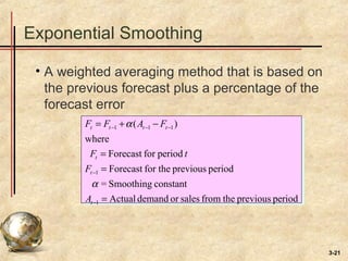 3-21
Exponential Smoothing
• A weighted averaging method that is based on
the previous forecast plus a percentage of the
forecast error
periodpreviousthefromsalesordemandActual
constantSmoothing=
periodpreviousfor theForecast
periodforForecast
where
)(
1
1
111
=
=
=
−+=
−
−
−−−
t
t
t
tttt
A
F
tF
FAFF
α
α
 