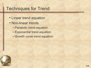 3-24
Techniques for Trend
• Linear trend equation
• Non-linear trends
– Parabolic trend equation
– Exponential trend equation
– Growth curve trend equation
 