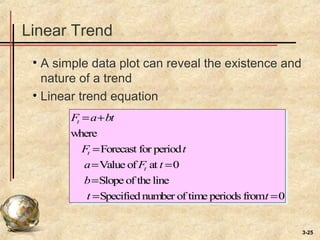 3-25
Linear Trend
• A simple data plot can reveal the existence and
nature of a trend
• Linear trend equation
Ft =a+bt
where
Ft =Forecast for periodt
a=Value ofFt at t =0
b=Slope of the line
t =Specifiednumber of time periods fromt =0
 