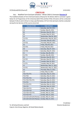 VIT/Dir(Acad)/2011/Exams/9                                                          22-03-2011
                                           CIRCULAR
     Sub.: Modified Term End Exam Schedule – Winter 2010-11 Semester (Version 2)
The modified schedule of Term End Examinations (Theory) for the Winter 2010-11 semester is given
below for all Programmes of the University (both FFCS and Non-FFCS). All exams will be conducted
between 9.30 am and 12.30 pm on days specified below. All Term End Lab Exams shall be conducted
during the last lab class of the course concerned.
                            Courses in Slot           Date of Exam
                      A1                       Saturday, April 30, 2011
                      A2                       Sunday, May 01, 2011
                      B1                       Monday, May 02, 2011
                      B2                       Tuesday, May 03, 2011
                      C1                       Wednesday, May 04, 2011
                      C1+TC1                   Wednesday, May 04, 2011
                      C2                       Thursday, May 05, 2011
                      C2+TC2                   Thursday, May 05, 2011
                      D1                       Friday, May 06, 2011
                      D1+TD1                   Friday, May 06, 2011
                      D2                       Saturday, May 07, 2011
                      D2+TD2                   Saturday, May 07, 2011
                      E1                       Sunday, May 08, 2011
                      E1+TE1                   Sunday, May 08, 2011
                      E2                       Monday, May 09, 2011
                      E2+TE2                   Monday, May 09, 2011
                      F1                       Tuesday, May 10, 2011
                      F1+TF1                   Tuesday, May 10, 2011
                      F2                       Wednesday, May 11, 2011
                      F2+TF2                   Wednesday, May 11, 2011
                      G1                       Thursday, May 12, 2011
                      G2                       Friday, May 13, 2011
                      TD1+TE1+TF1              Saturday, May 14, 2011
                      TC1+TD1                  Saturday, May 14, 2011
                      TC1+TD1+TE1              Saturday, May 14, 2011
                      TC1+TD1+TE1+TF1          Saturday, May 14, 2011
                      TC1+TE1                  Saturday, May 14, 2011
                      TC1+TE1+TF1              Saturday, May 14, 2011
                      TD1+TE1                  Saturday, May 14, 2011
                      TD2+TE2+TF2              Sunday, May 15, 2011
                      TC2+TD2+TE2              Sunday, May 15, 2011
                      TC2+TD2+TE2+TF2          Sunday, May 15, 2011
                      TC2+TE2+TF2              Sunday, May 15, 2011
                      L11+L12+L23+L24 (Theory) Sunday, May 15, 2011
                      L41+L42+L53+L54 (Theory) Sunday, May 15, 2011

                                                                                      D.Subhakar
To: All School Directors and CoE                                           Director (Academics)
Copy to: Core Group, Registrar, All Hostel Notice boards
 