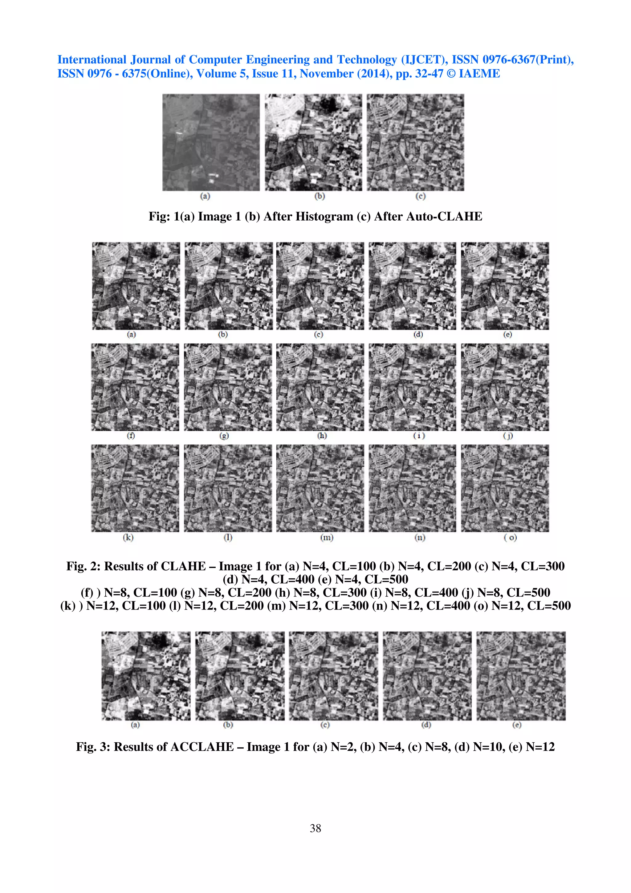 International Journal of Computer Engineering and Technology (IJCET), ISSN 0976-6367(Print), 
ISSN 0976 - 6375(Online), Volume 5, Issue 11, November (2014), pp. 32-47 © IAEME 
Fig: 1(a) Image 1 (b) After Histogram (c) After Auto-CLAHE 
Fig. 2: Results of CLAHE – Image 1 for (a) N=4, CL=100 (b) N=4, CL=200 (c) N=4, CL=300 
(d) N=4, CL=400 (e) N=4, CL=500 
(f) ) N=8, CL=100 (g) N=8, CL=200 (h) N=8, CL=300 (i) N=8, CL=400 (j) N=8, CL=500 
(k) ) N=12, CL=100 (l) N=12, CL=200 (m) N=12, CL=300 (n) N=12, CL=400 (o) N=12, CL=500 
Fig. 3: Results of ACCLAHE – Image 1 for (a) N=2, (b) N=4, (c) N=8, (d) N=10, (e) N=12 
38 
 