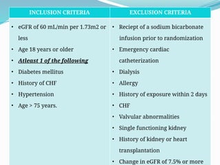36
INCLUSION CRITERIA EXCLUSION CRITERIA
• eGFR of 60 mL/min per 1.73m2 or
less
• Age 18 years or older
• Atleast 1 of the following
• Diabetes mellitus
• History of CHF
• Hypertension
• Age > 75 years.
• Reciept of a sodium bicarbonate
infusion prior to randomization
• Emergency cardiac
catheterization
• Dialysis
• Allergy
• History of exposure within 2 days
• CHF
• Valvular abnormalities
• Single functioning kidney
• History of kidney or heart
transplantation
• Change in eGFR of 7.5% or more
 