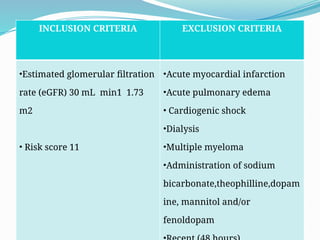 55
INCLUSION CRITERIA EXCLUSION CRITERIA
•Estimated glomerular filtration
rate (eGFR) 30 mL min1 1.73
m2
• Risk score 11
•Acute myocardial infarction
•Acute pulmonary edema
• Cardiogenic shock
•Dialysis
•Multiple myeloma
•Administration of sodium
bicarbonate,theophilline,dopam
ine, mannitol and/or
fenoldopam
 