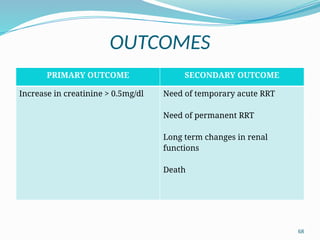 68
OUTCOMES
PRIMARY OUTCOME SECONDARY OUTCOME
Increase in creatinine > 0.5mg/dl Need of temporary acute RRT
Need of permanent RRT
Long term changes in renal
functions
Death
 
