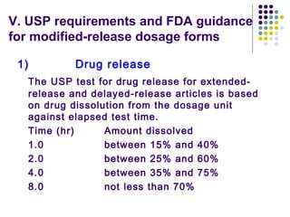 V. USP requirements and FDA guidance
for modified-release dosage forms
1) Drug release
The USP test for drug release for extended-
release and delayed-release articles is based
on drug dissolution from the dosage unit
against elapsed test time.
Time (hr) Amount dissolved
1.0 between 15% and 40%
2.0 between 25% and 60%
4.0 between 35% and 75%
8.0 not less than 70%
 
