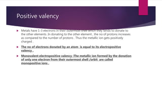 Positive valency
 Metals have 1-3 electrons in their outermost shell which they tends to donate to
the other elements .In donating to the other element , the no of protons increases
as compared to the number of protons . Thus the metallic ion gets positively
charged .
 The no of electrons donated by an atom is equal to its electropositive
valency .
 Monovalent electropositive valency :The metallic ion formed by the donation
of only one electron from their outermost shell /orbit are called
monopositive ions .
 