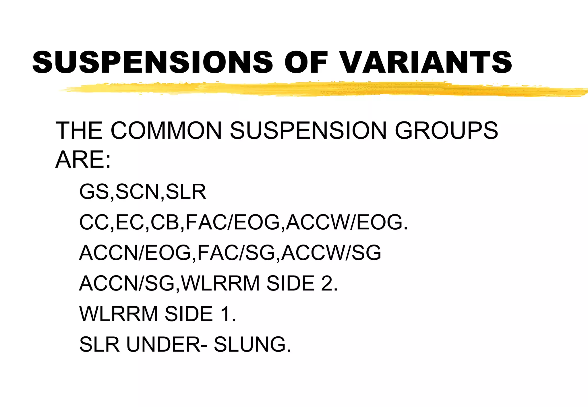 SUSPENSIONS OF VARIANTS
THE COMMON SUSPENSION GROUPS
ARE:
GS,SCN,SLR
CC,EC,CB,FAC/EOG,ACCW/EOG.
ACCN/EOG,FAC/SG,ACCW/SG
ACCN/SG,WLRRM SIDE 2.
WLRRM SIDE 1.
SLR UNDER- SLUNG.

 