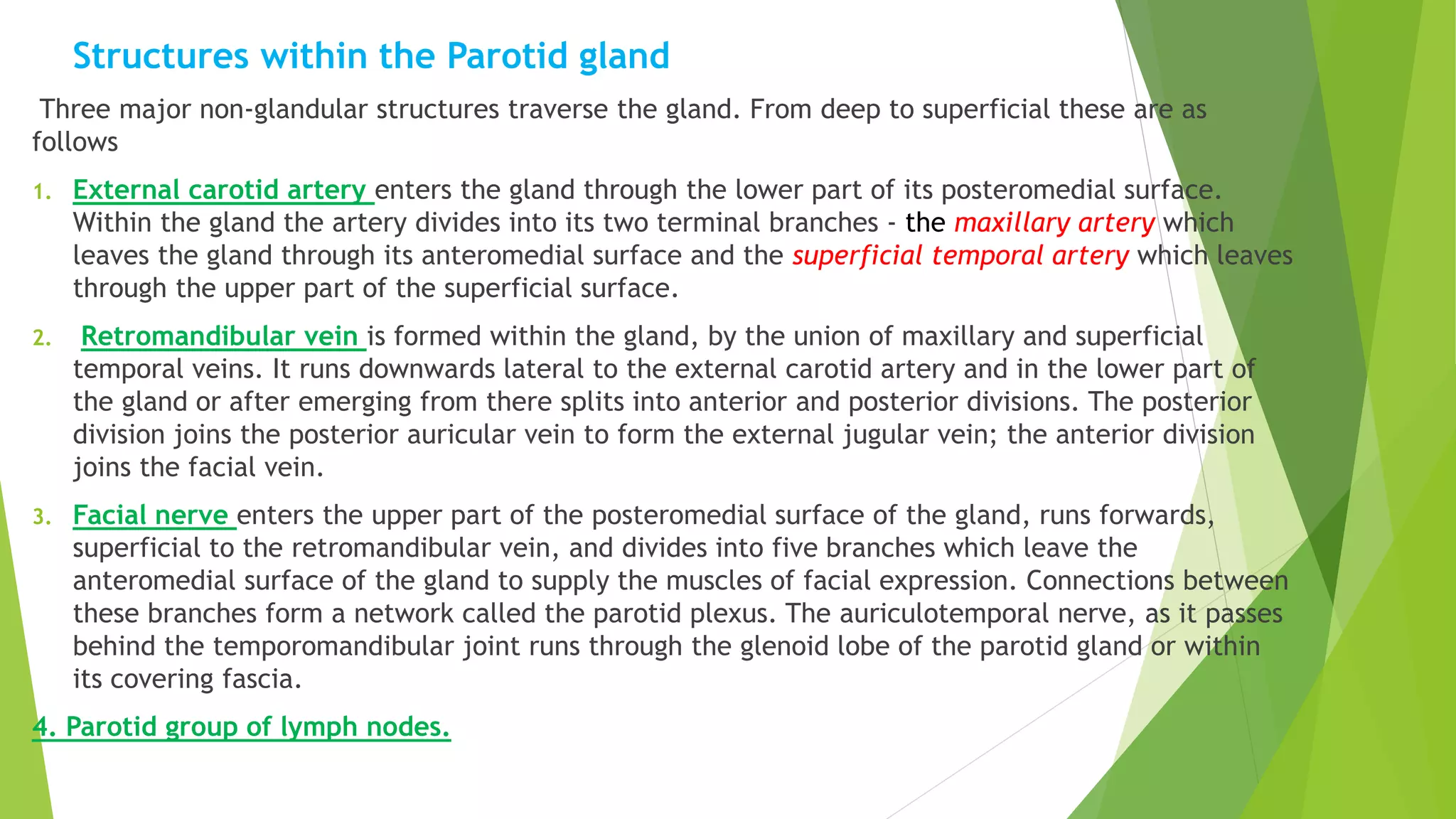 Structures within the Parotid gland
Three major non-glandular structures traverse the gland. From deep to superficial these are as
follows
1. External carotid artery enters the gland through the lower part of its posteromedial surface.
Within the gland the artery divides into its two terminal branches - the maxillary artery which
leaves the gland through its anteromedial surface and the superficial temporal artery which leaves
through the upper part of the superficial surface.
2. Retromandibular vein is formed within the gland, by the union of maxillary and superficial
temporal veins. It runs downwards lateral to the external carotid artery and in the lower part of
the gland or after emerging from there splits into anterior and posterior divisions. The posterior
division joins the posterior auricular vein to form the external jugular vein; the anterior division
joins the facial vein.
3. Facial nerve enters the upper part of the posteromedial surface of the gland, runs forwards,
superficial to the retromandibular vein, and divides into five branches which leave the
anteromedial surface of the gland to supply the muscles of facial expression. Connections between
these branches form a network called the parotid plexus. The auriculotemporal nerve, as it passes
behind the temporomandibular joint runs through the glenoid lobe of the parotid gland or within
its covering fascia.
4. Parotid group of lymph nodes.
 