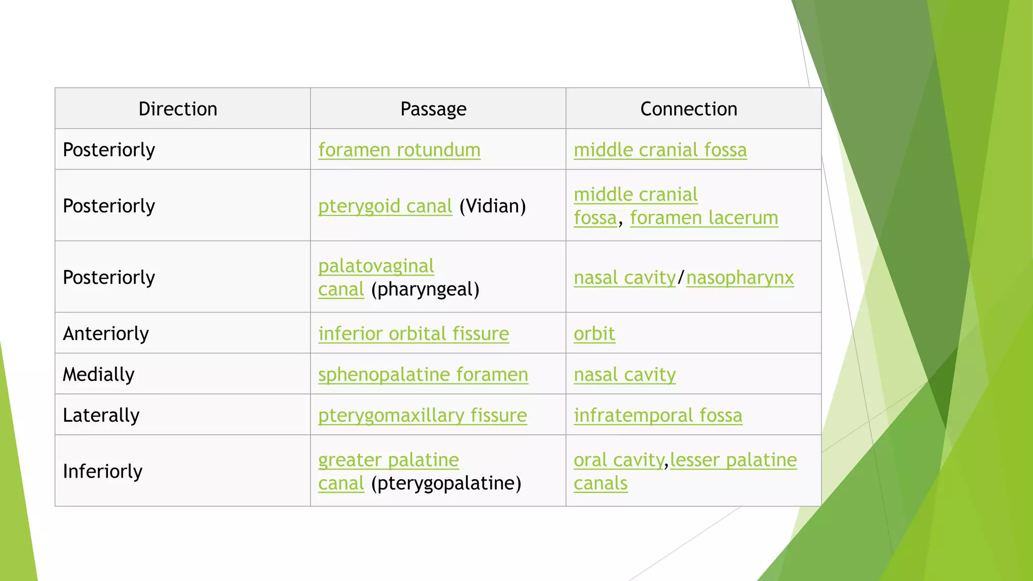 Direction Passage Connection
Posteriorly foramen rotundum middle cranial fossa
Posteriorly pterygoid canal (Vidian)
middle cranial
fossa, foramen lacerum
Posteriorly
palatovaginal
canal (pharyngeal)
nasal cavity/nasopharynx
Anteriorly inferior orbital fissure orbit
Medially sphenopalatine foramen nasal cavity
Laterally pterygomaxillary fissure infratemporal fossa
Inferiorly
greater palatine
canal (pterygopalatine)
oral cavity,lesser palatine
canals
 