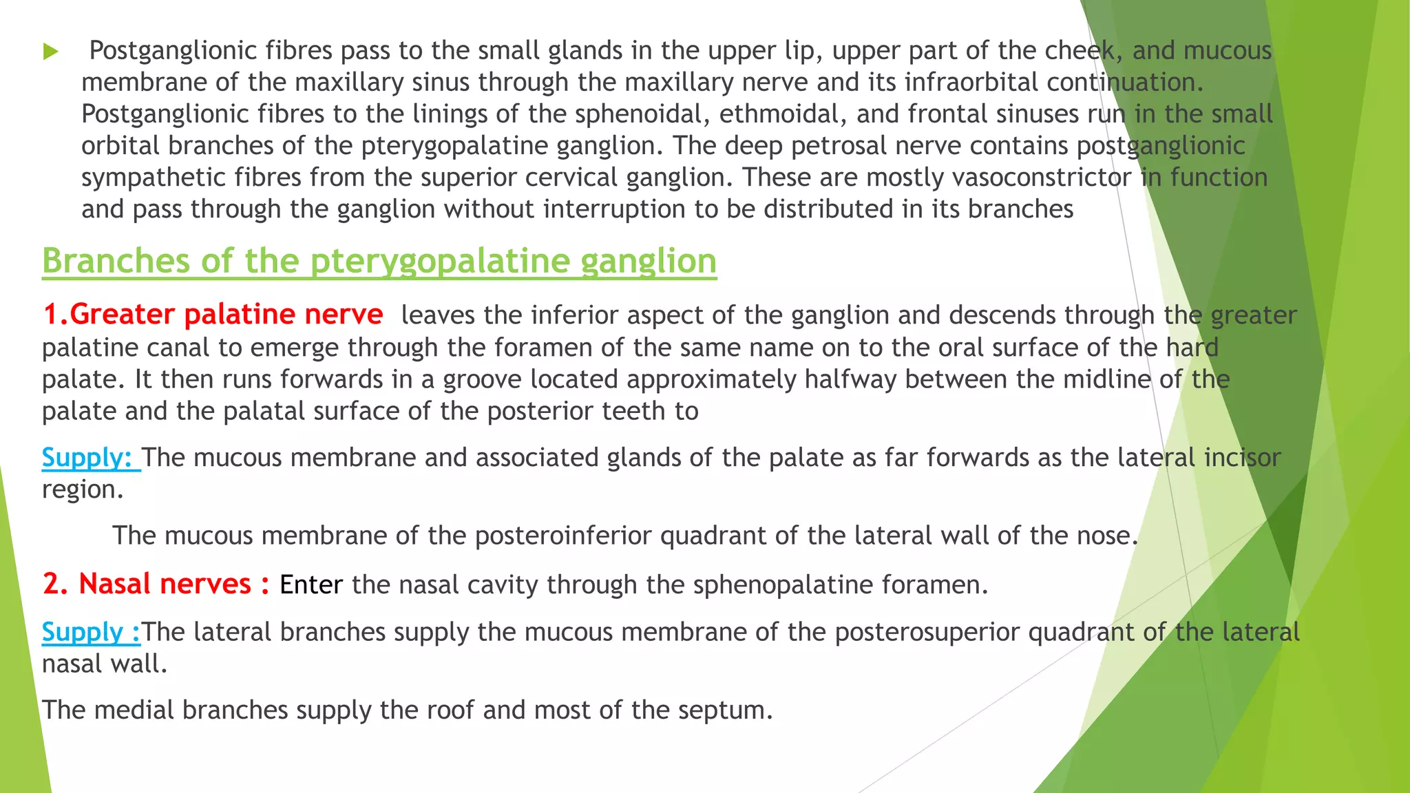  Postganglionic fibres pass to the small glands in the upper lip, upper part of the cheek, and mucous
membrane of the maxillary sinus through the maxillary nerve and its infraorbital continuation.
Postganglionic fibres to the linings of the sphenoidal, ethmoidal, and frontal sinuses run in the small
orbital branches of the pterygopalatine ganglion. The deep petrosal nerve contains postganglionic
sympathetic fibres from the superior cervical ganglion. These are mostly vasoconstrictor in function
and pass through the ganglion without interruption to be distributed in its branches
Branches of the pterygopalatine ganglion
1.Greater palatine nerve leaves the inferior aspect of the ganglion and descends through the greater
palatine canal to emerge through the foramen of the same name on to the oral surface of the hard
palate. It then runs forwards in a groove located approximately halfway between the midline of the
palate and the palatal surface of the posterior teeth to
Supply: The mucous membrane and associated glands of the palate as far forwards as the lateral incisor
region.
The mucous membrane of the posteroinferior quadrant of the lateral wall of the nose.
2. Nasal nerves : Enter the nasal cavity through the sphenopalatine foramen.
Supply :The lateral branches supply the mucous membrane of the posterosuperior quadrant of the lateral
nasal wall.
The medial branches supply the roof and most of the septum.
 
